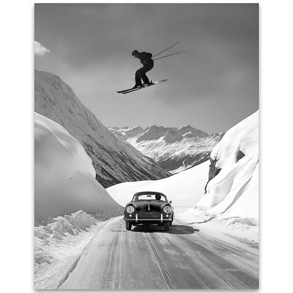 Skier Jumping Over Vintage Porsche Black and White Photography Art - Unique Wall Decor and Gift for Skiing and Car Lovers - Vintage Porsche Memorabilia (Unframed Print Poster, 11x14)
