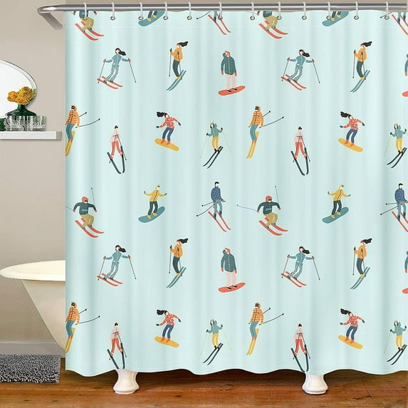 Skier Shower Curtain,Extreme Sports Theme Bath Curtain Skiing Curtain Sets,Winter Sports Games Bathroom Accessories Kids Girls Adults Women,72" Wx84 L,Green