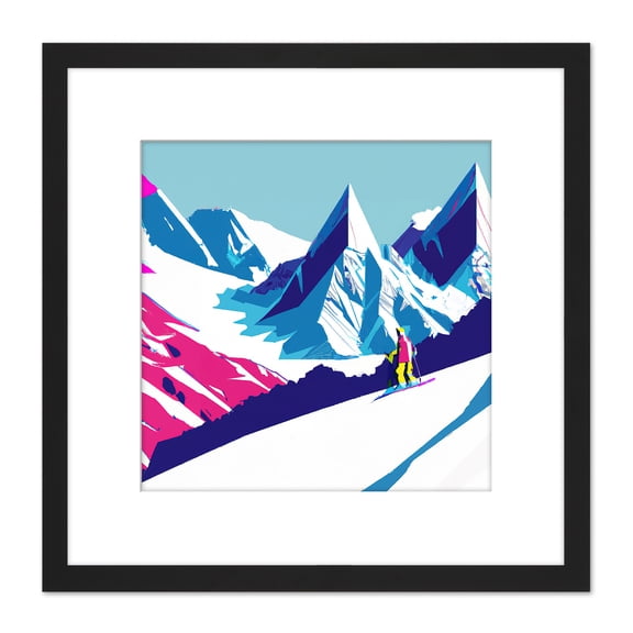 Skier Ski Aspen France Switzerland Snowy Snow Mountain Landscape Vibrant Blue Pink Winter Sport Square Wooden Framed Wall Art Print Picture 8X8 Inch
