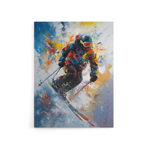 Skier Skiing Down Slope Colourful Canvas Wall Art Print 12X16"