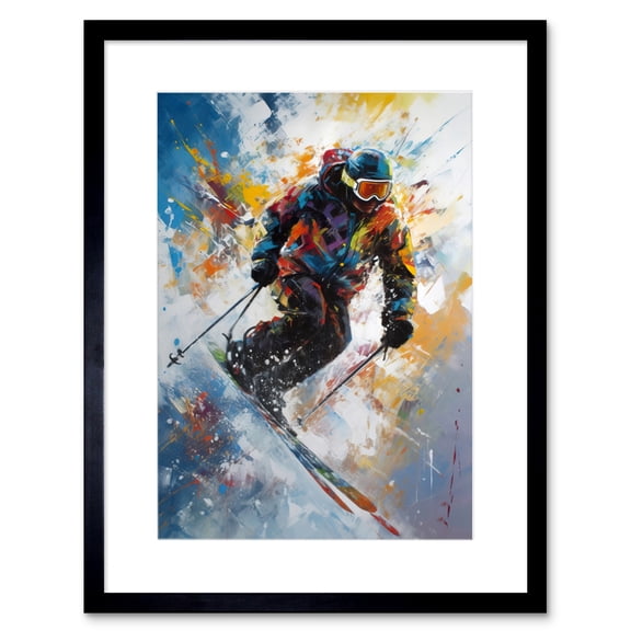 Skier Skiing Down Slope Vibrant Splat Art Painting Artwork Framed Wall Art Print 9X7 Inch