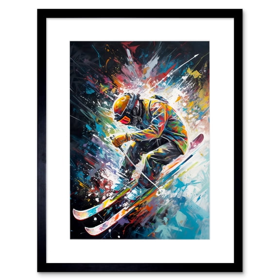 Skier Skiing Vibrant Splatter Art Motion Painting Artwork Framed Wall Art Print 9X7 Inch