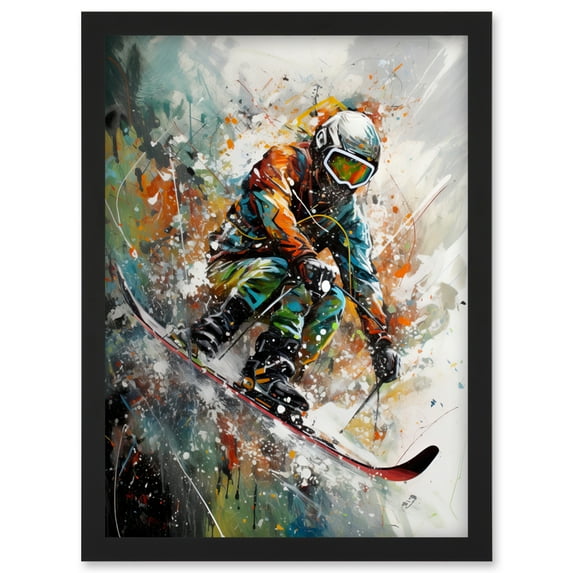 Skier Skiing Winter Sport Paint Splat Painting Artwork Framed Wall Art Print A4