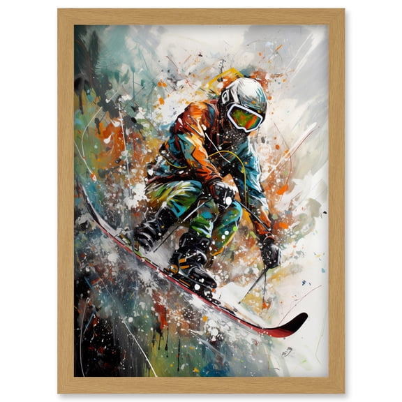 Skier Skiing Winter Sport Paint Splat Painting Artwork Framed Wall Art Print A4