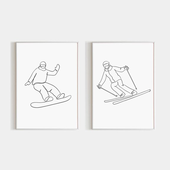 Skier Snowboarder Art Alpine Winter Sport Wall Decor Simple Mountain Lover Set 2 Unframed Paper Print 8x12