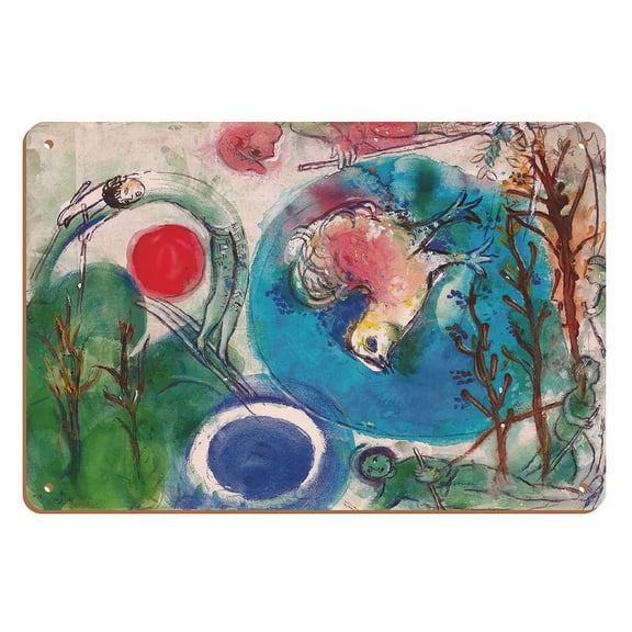 Skier With Rooster - From an Original Color Painting by Marc Chagall c.1956 - 8 x 12 inch Vintage Wood Art Sign