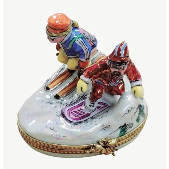 Skiers Skiing Figurine Limoges Box Figurine Limoges Box Porcelain Figurine
