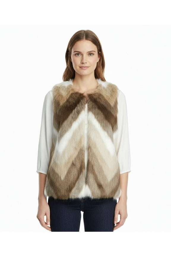 Open Front Chevron Faux Fur Vest, Brown