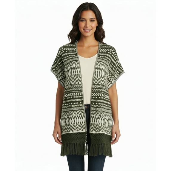 Skies Are Blue Tribal Pattern Open Poncho with Fringe