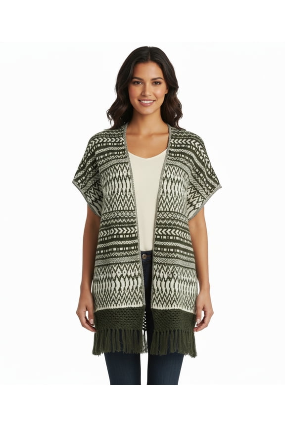 Tribal Pattern Open Poncho with Fringe