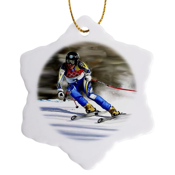 3drose, Skiing, 3 inch Snowflake Porcelain Ornament