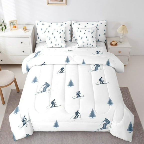 Skiing 7Pcs Comforter Set Twin Size,Ski Sport Games Bedding Set Adult,Winter Snow Pine Tree Fitted Flat Sheet Modern Dark Blue White 2 Throw Pillow Covers,2 Pillowcases