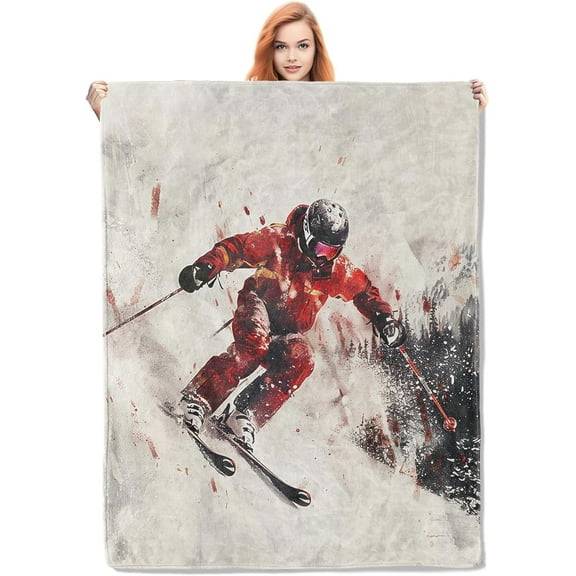 Skiing Adventure Throw Blanket Gifts, Soft Cozy Fleece Blanket with Dynamic Skier Print, Blanket for Couch Bed Sofa, Perfect for Winter Sports Enthusiasts and Ski Lovers, 50x60 in