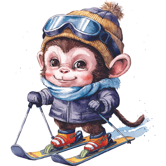 Skiing Cute Baby Monkey Animal Animals Adventure Fun Snow Ski Monkeys Colorful Wall Art Sticker Designs Vinyl Stickers For Home House Walls Rooms Nursery Windows Bedroom Decoration Size (24x26 inch)