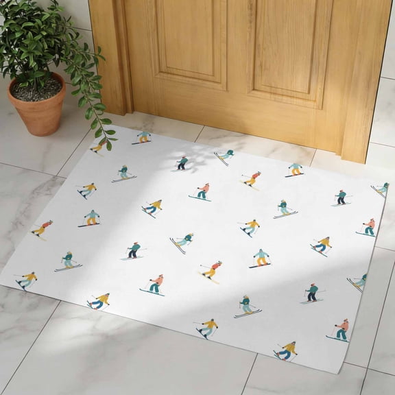 Skiing Door Mat, Non Slip Bathroom Rugs, Winter Snow Ski Sports Cartoon Boys Girls Skier Absorbent Floor Mats, Washable Runner Rug Indoor Doormat for Front Door Entrance, Patio, Garage 16"x24"
