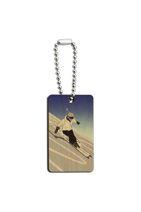 Skiing Down Mountain Skier Snow Skis Wood Wooden Rectangle Keychain Key Ring