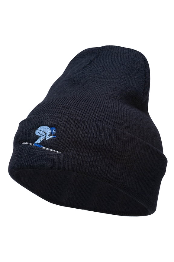 Skiing Embroidered 12 Inch Long Beanie - Navy OSFM