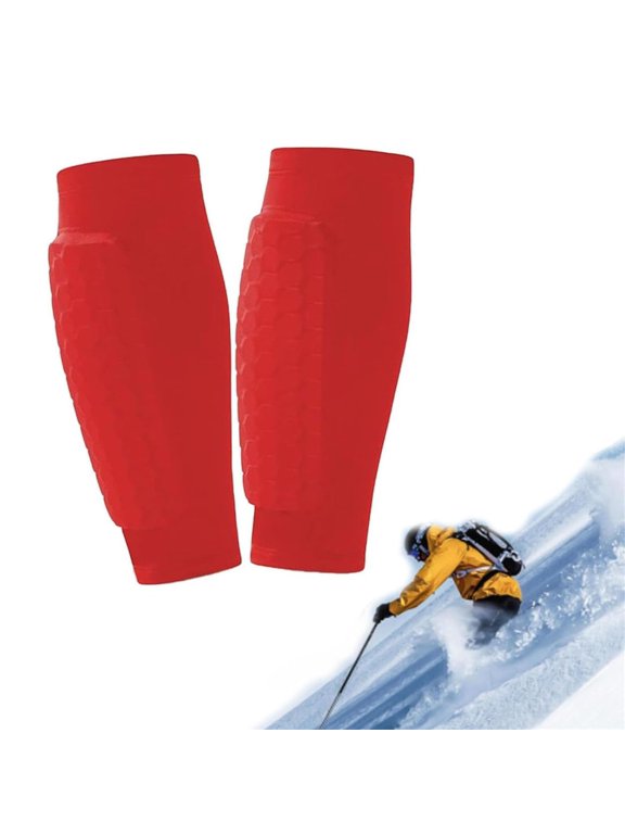 Skiing Guards Socks with Calf Compression Sleeve, Breathable Hexagonal Padding Anti-Collision Shin Guards for Snowboarding, Unisex Sports Protective Gear for All Ages - Red
