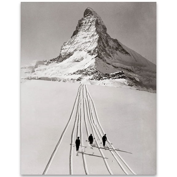 Skiing Matterhorn - 11x14 Unframed Art Print Poster - Great Vintage Black and White Photo Gift and Decor for Ski Lodge and Mountain Cabin