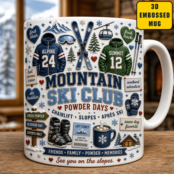 Skiing Mountain Mug 3D Embossed Gift Mug for Skiers, Powder Days & Après Ski