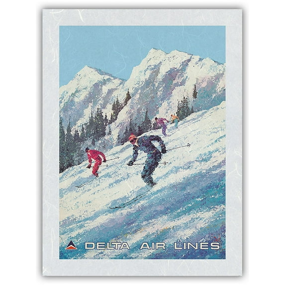 Skiing - Mountain Ski Slope - Delta Air Lines - Vintage Airline Travel Poster by Jack Laycox c.1970s - Japanese Unryu Rice Paper Art Print (Unframed) 12 x 16 in