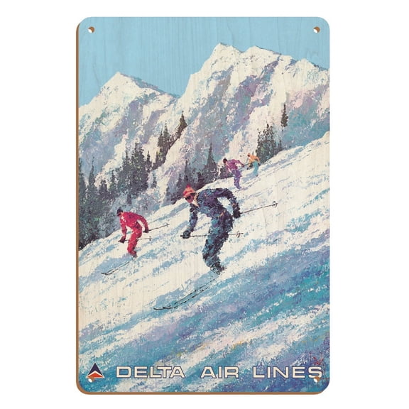 Skiing - Mountain Ski Slope - Delta Air Lines - Vintage Airline Travel Poster by Jack Laycox c.1970s - 8 x 12 inch Vintage Wood Art Sign