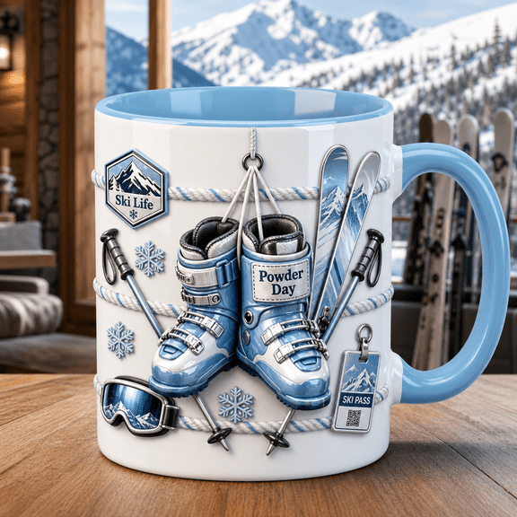 Skiing Mug with Ski Boots and Ski Poles, Powder Day 2D Printed Mug Gift
