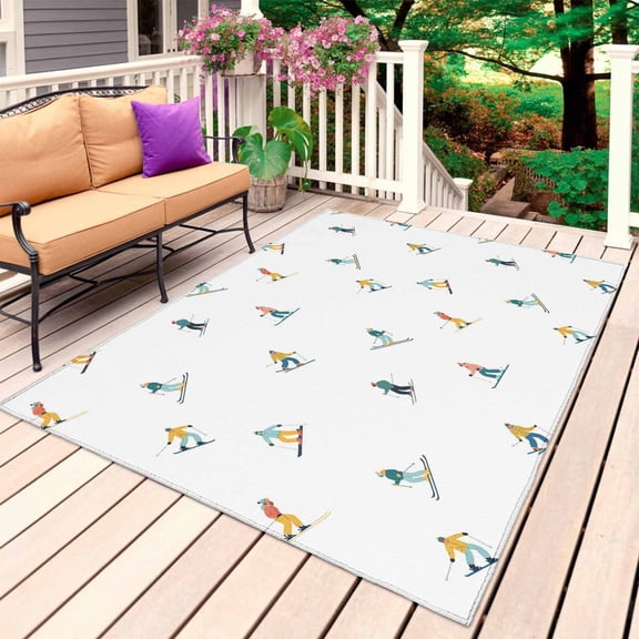 Skiing Outdoor Rug 3x5 Ft, Non Slip Washable Area Rug, Winter Snow Ski Sports Cartoon Boys Girls Skier Patio Rugs Carpet Runner, Large Floor Mat for Indoor/Outdoor Deck Porch Camping