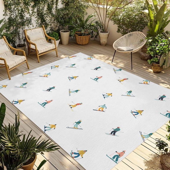 Skiing Outdoor Rug 3x5 Ft - Reversible Patio Rug Outdoor Camping Rugs, Winter Snow Ski Sports Cartoon Boys Girls Skier Washable Indoor Outdoor Area Rugs, Non-Slip Outdoor Carpet Runner for Deck/Porch