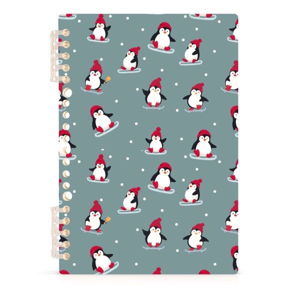Skiing Penguin Pattern A5 Notebook Refillable 60 Sheets Detachable Ring Binder PP Cover Journal