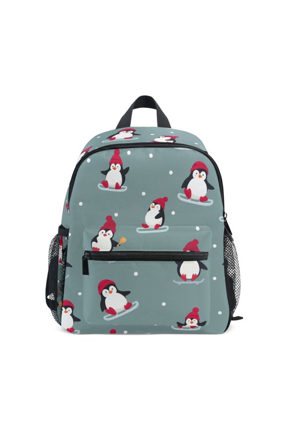 Skiing Penguin Pattern Mini Backpack Cute Small Backpack with Chest Strap and Whistle Ages 3-8