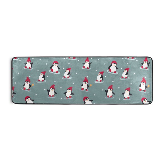 Skiing Penguin Pattern Runner Rug 24x72 Inch Cushioned Non Slip Soft Absorbent Floor Mat