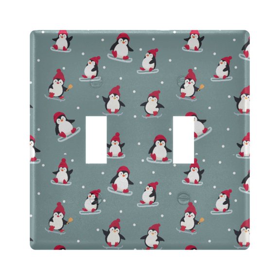 Skiing Penguin Pattern Toggle Switch Wall Plate 2-Gang Unbreakable Durable PC Flush Fit Round Edge 4.48x4.56in