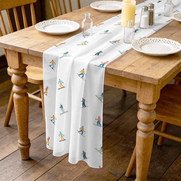 Skiing Players 4.5ft Cheesecloth Table Runner for Dining 19"x55", Modern Abstract Cartoon Skiers Winter Skiing Sports Kitchen Dinner Sheer Tulle Chiffon Dresser Scarf, Holiday Party Decorations