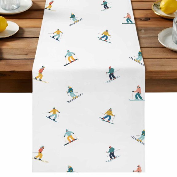 Skiing Players Table Runner, Modern Abstract Cartoon Skiers Winter Skiing Sports Cotton Linen Table Cloth, Tablerunner for Kitchen Dining Party Wedding Home Decor 13x36 Inch