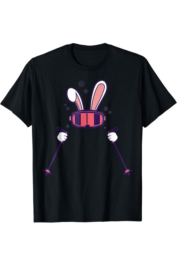 Skiing Rabbit Ski Poles Goggles Easter Bunny Tee