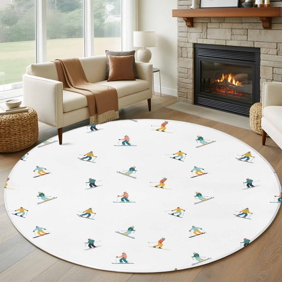 Skiing Round Area Rug 7Ft Washable Circle Rugs for Dorm Laundry Room, Winter Snow Ski Sports Cartoon Boys Girls Skier Non-Slip Carpet Floor Mats Indoor Outdoor Carpet Runner Aesthetic Home Decor