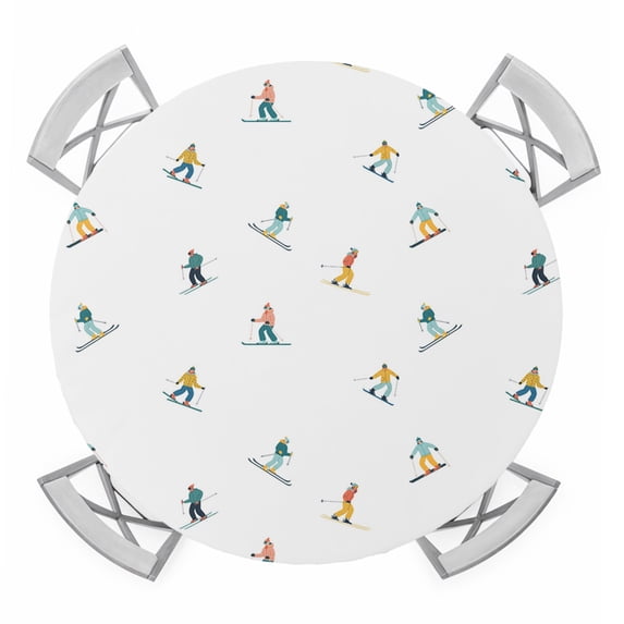 Skiing Round Tablecloth for 45-54 Inch Tables,Fitted Table Cover with Elastic Edge,Winter Snow Ski Sports Cartoon Boys Girls Skier Waterproof Outdoor Table Cloth Protector for Patio Garden Dinner