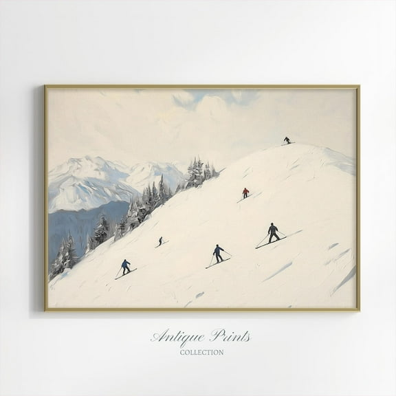 Skiing Scene Wall Art, Vintage Snowy Winter Landscape Print, Rustic Winter Festive Farmhouse Festive Decor, Poster, Unframed Poster Size 24x36