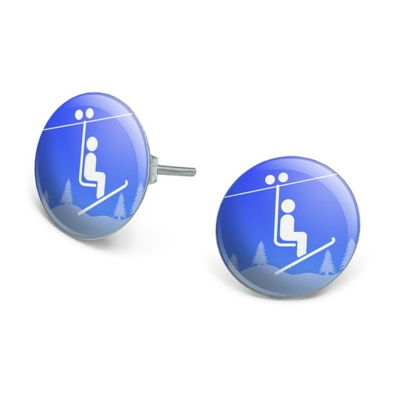 Skiing Ski Lift Symbol in Snow Novelty Silver Plated Stud Earrings