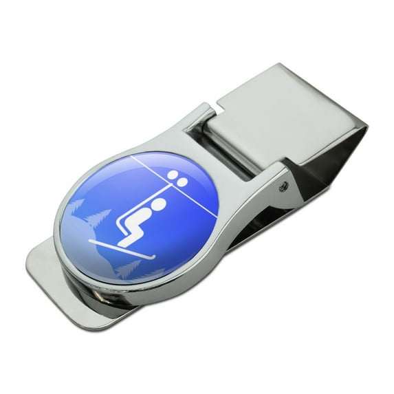 Skiing Ski Lift Symbol in Snow Satin Chrome Plated Metal Money Clip