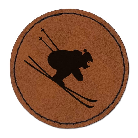 Skiing Ski Tuck Bully Bullet Stance Downhill 2.5" Faux Leather Round Engraved Iron-On Patch - Brown