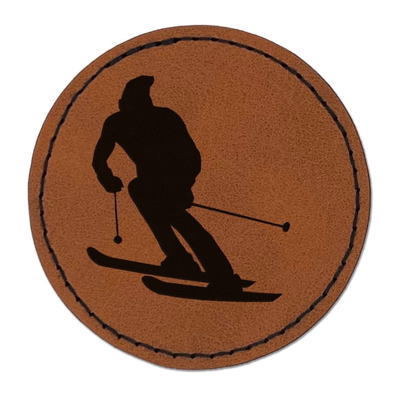 Skiing Skier Solid 2.5" Faux Leather Round Engraved Iron-On Patch - Brown