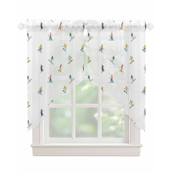 Skiing Swag Valances for Windows, Winter Snow Ski Sports Cartoon Boys Girls Skier Rod Pocket Sheer Valances for Small Windows, Swag Toppers Light Filtering for Kitchen Living Room 2 Panels 36''x36''