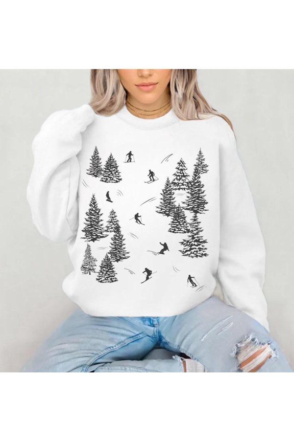 Skiing Sweatshirt, Skiers on the Mountain Print, Winter Wonderland Family Ski Vacation Sweatshirt, Snowboarding Pullover