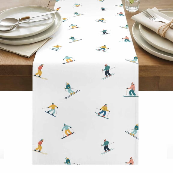 Skiing Table Runner - 60 Inch Long, Kitchen Dining Table Runner Dresser Scarves, Winter Snow Ski Sports Cartoon Boys Girls Skier Farmhouse Decor for Coffee Tables Wedding Party Banquet