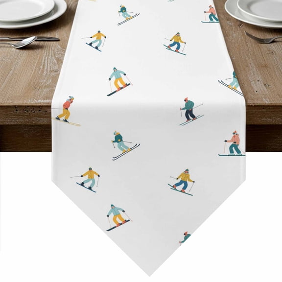 Skiing Table Runner Linen Burlap Table Runner 72 Inches Long Winter Snow Ski Sports Cartoon Boys Girls Skier Dresser Scarves for Kitchen Island Coffee Dining Party Wedding Holiday Decor 14"x72"