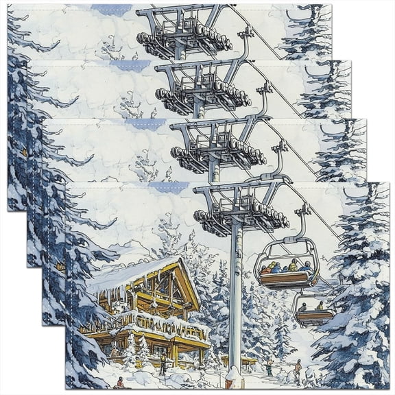 Skiing Theme Place Mats 12x18 Inch Set of 4 Ski Facility Cable Car Placemats Winter Pine Tree Table Mats for Kids Teen Adults Snowy Scenery Kitchen Table Decor