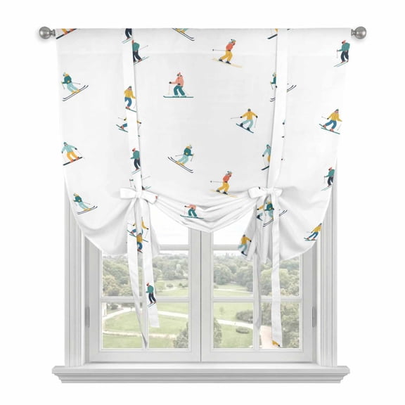 Skiing Tie Up Curtains for Window, Thermal Insulated Balloon Shade Adjustable Rod Pocket Curtains Valance Panels for Kitchen Bathroom Cafe 46 x 63 Winter Snow Ski Sports Cartoon Boys Girls Skier