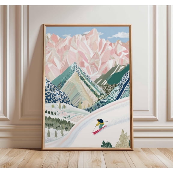 Skiing Wall Art Alpine Mountain Winter Sports Snow Landscape Decor Unframed Paper Print